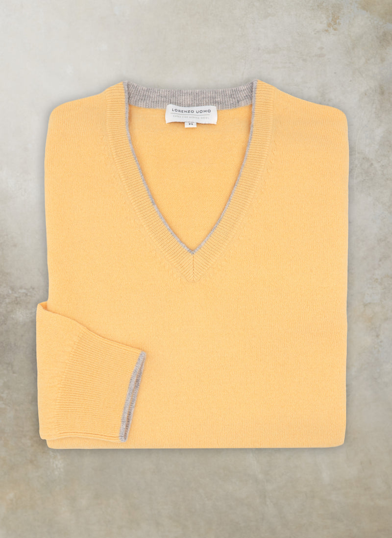 Men's Melbourne Contrast V-Neck Exra-Fine Pure Merino Wool Sweater in Yellow