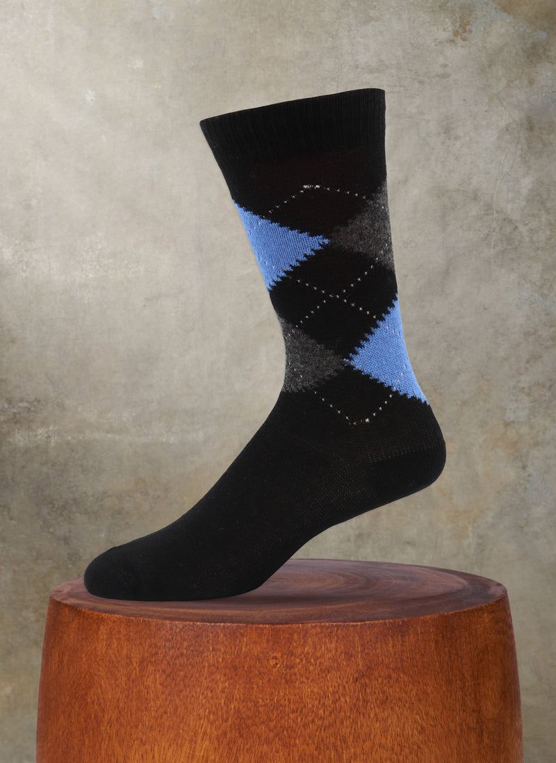 Cashmere Argyle Sock in Black with Royal Blue and Charcoal
