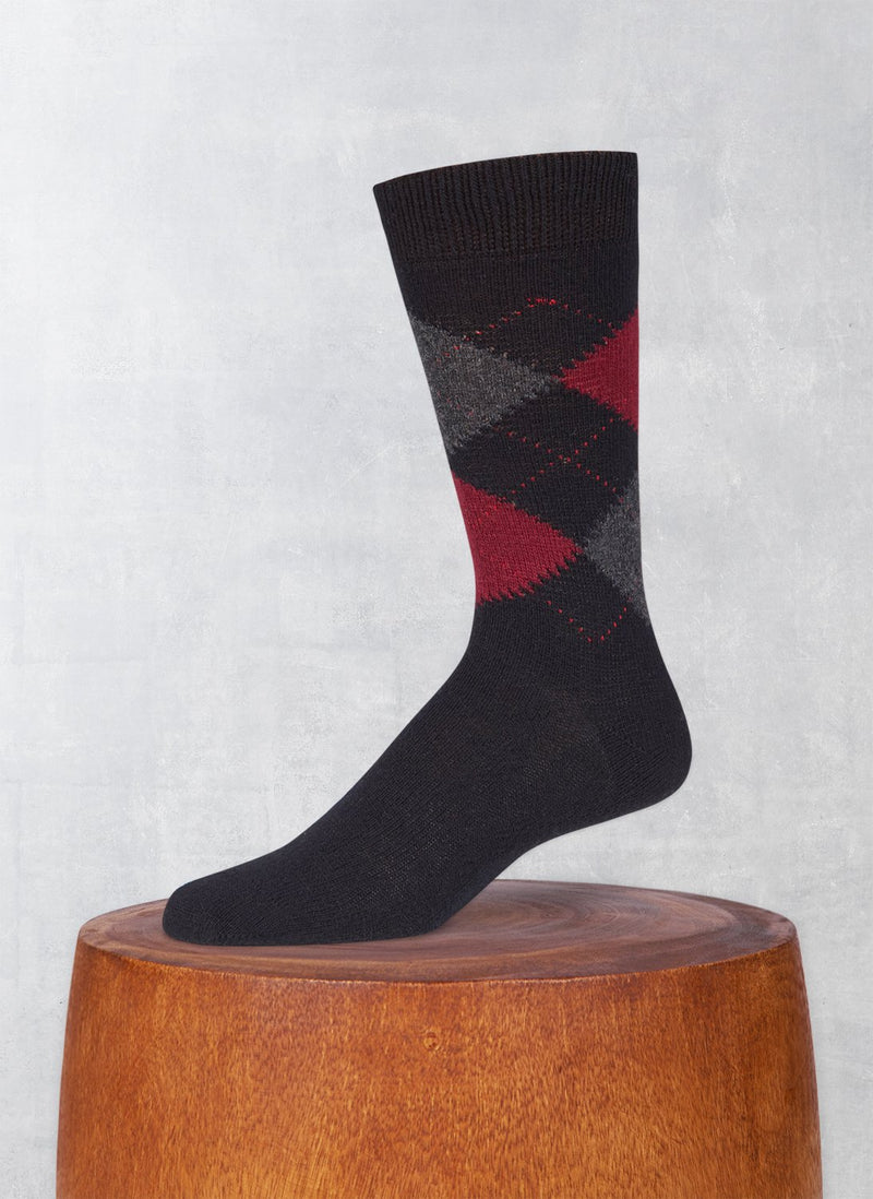 Cashmere Argyle Sock in Black with Bordeaux and Charcoal Melange