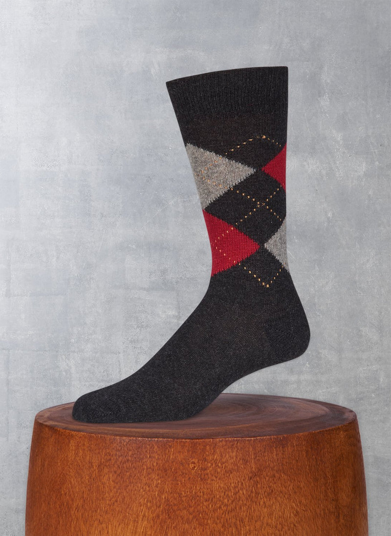 Cashmere Argyle Sock in Charcoal Heather with Wine and Heather Grey
