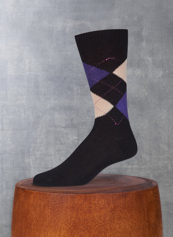 Cashmere Argyle Sock in Black with Deep Purple and Ivory