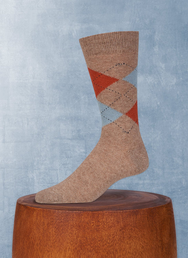 Cashmere Argyle Sock in Heather Taupe with Rust and Powder Blue
