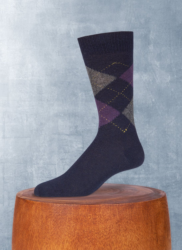 Cashmere Argyle Sock in Navy with Amethyst and Grey Heather