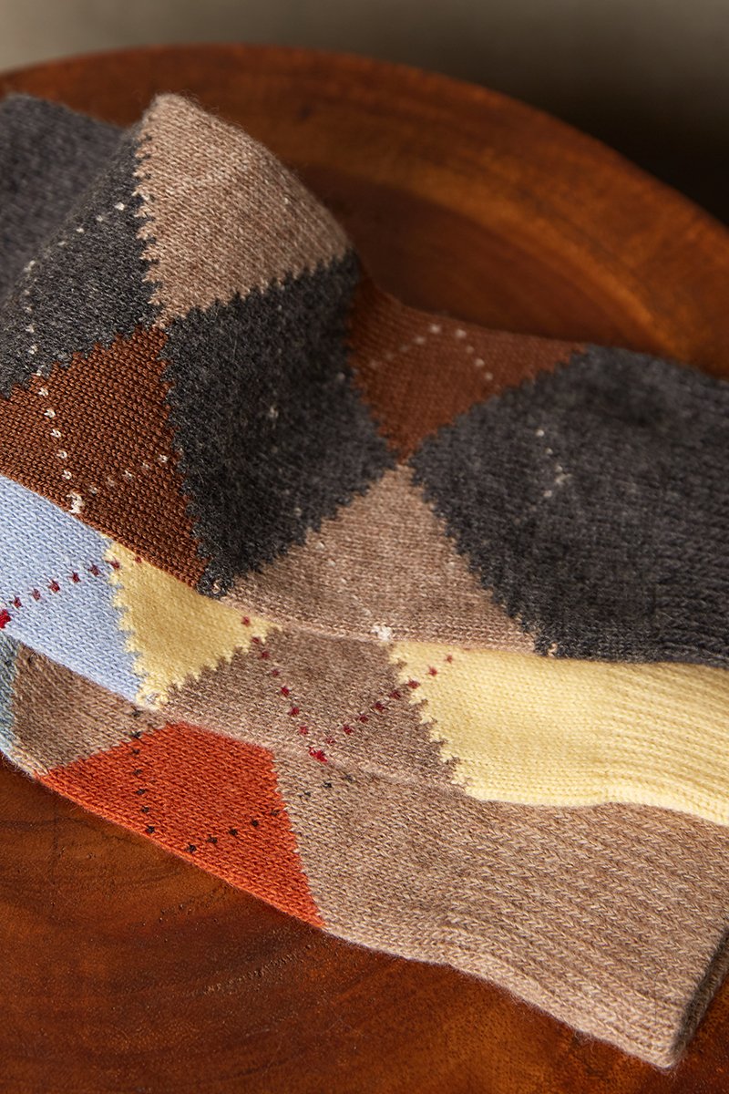 Cashmere Argyle Sock in Medium Grey Heather with Camel and Taupe Heather Group Image with Yellow Argyle Sock and Taupe Argyle Sock