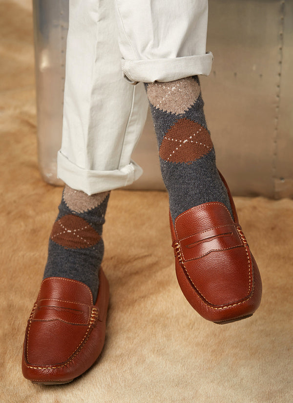 Cashmere Argyle Sock in Medium Grey Heather with Camel and Taupe Heather on Leather Loafers