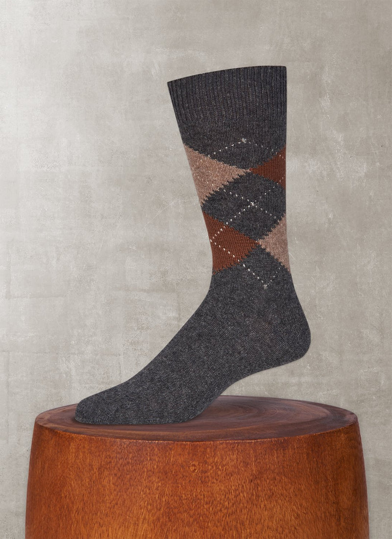 Cashmere Argyle Sock in Medium Grey Heather with Camel and Taupe Heather