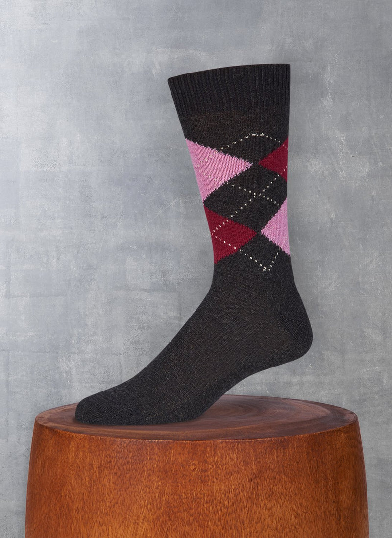 Cashmere Argyle Sock in Charcoal Heather with Pink and Burgundy