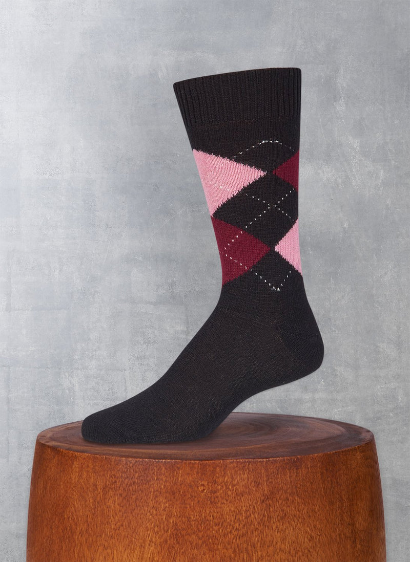 Cashmere Argyle Sock in Black with Burgundy and Pink