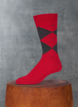 Cashmere Argyle Sock in Fire Engine Red with Forest Green and Charcoal