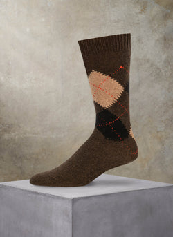 Cashmere Argyle Sock in Brown with Taupe and Black