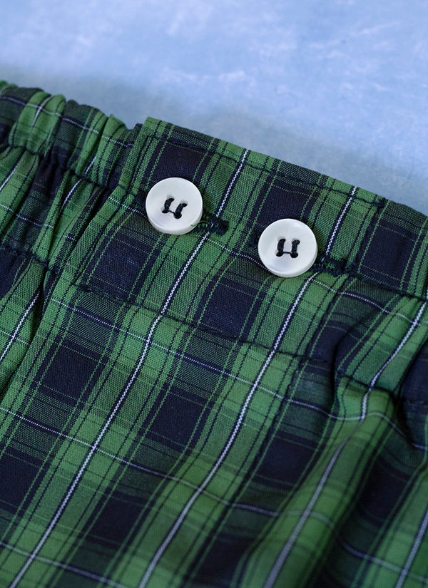 Boxer Short in Navy and Green Plaid with navy contrast button thread
