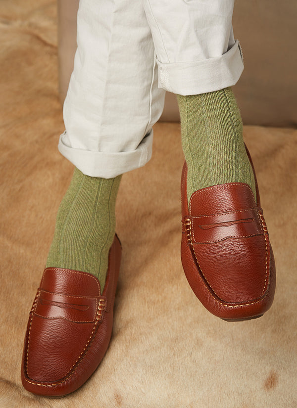 green cashmere rib sock on loafer
