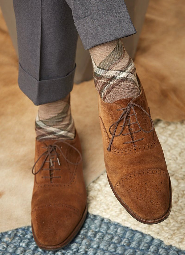 Big and Tall Merino Wool Plaid Sock in Taupe on shoes