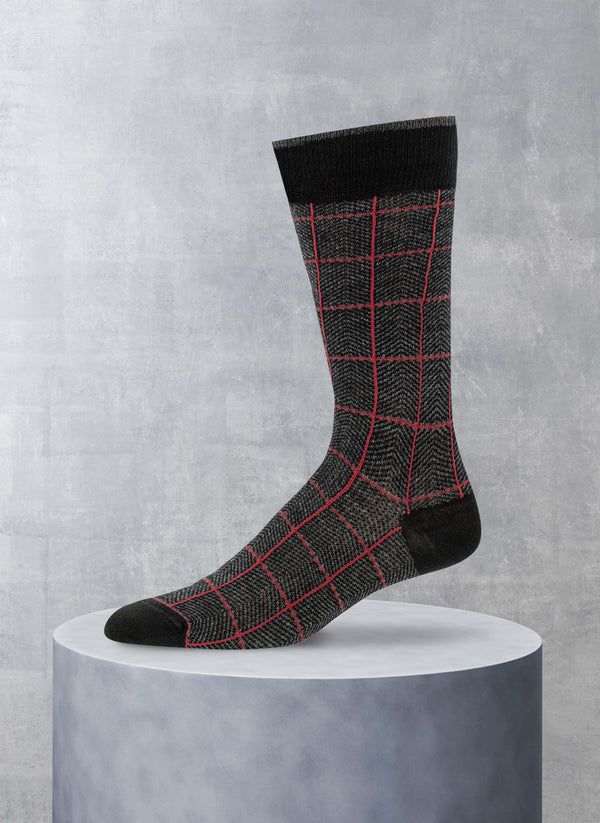 Merino Wool Herringbone Plaid Sock in Black
