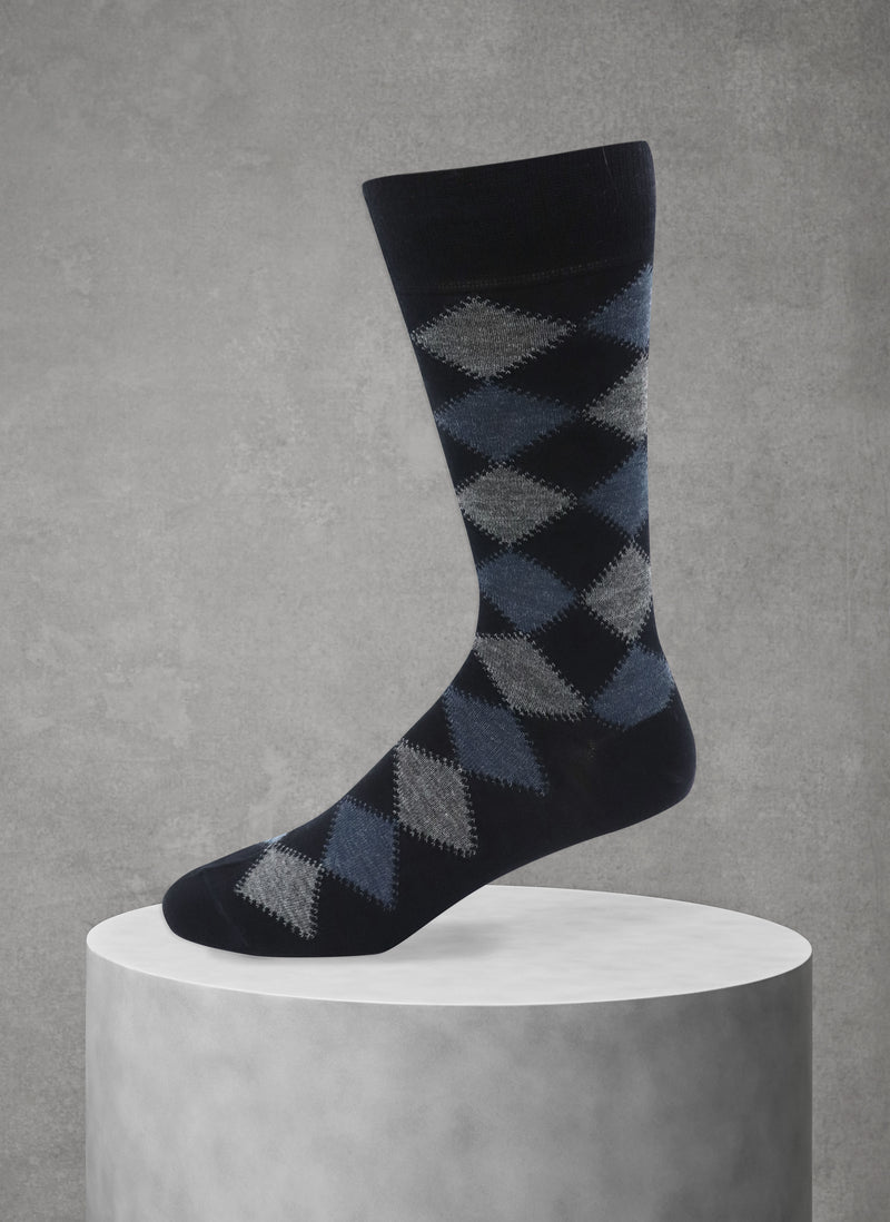 Merino Wool Double Argyle Sock in Navy and Grey