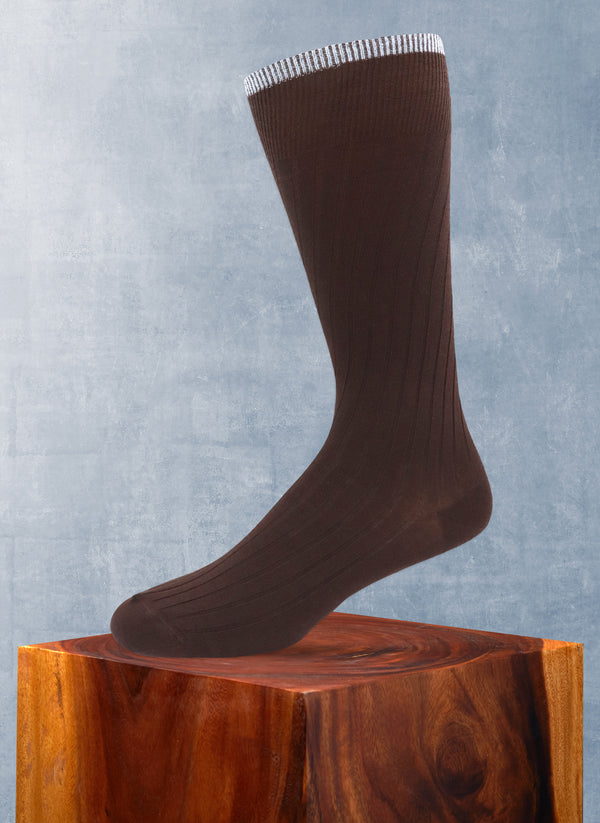 Solid Thin Rib Sock in Brown with light grey tipping