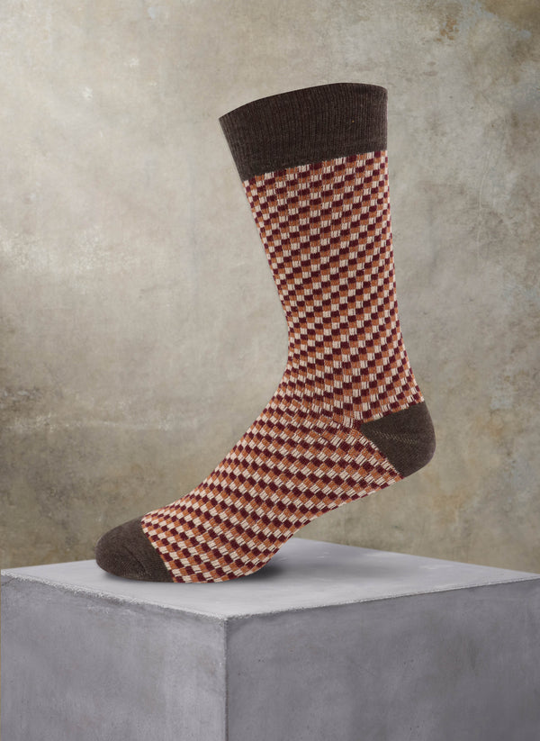 Small Repeated Squares Cotton Sock in Brown