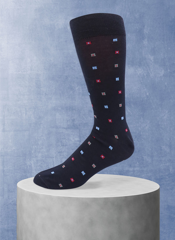 Merino Wool Multi Square Sock in Navy and Red