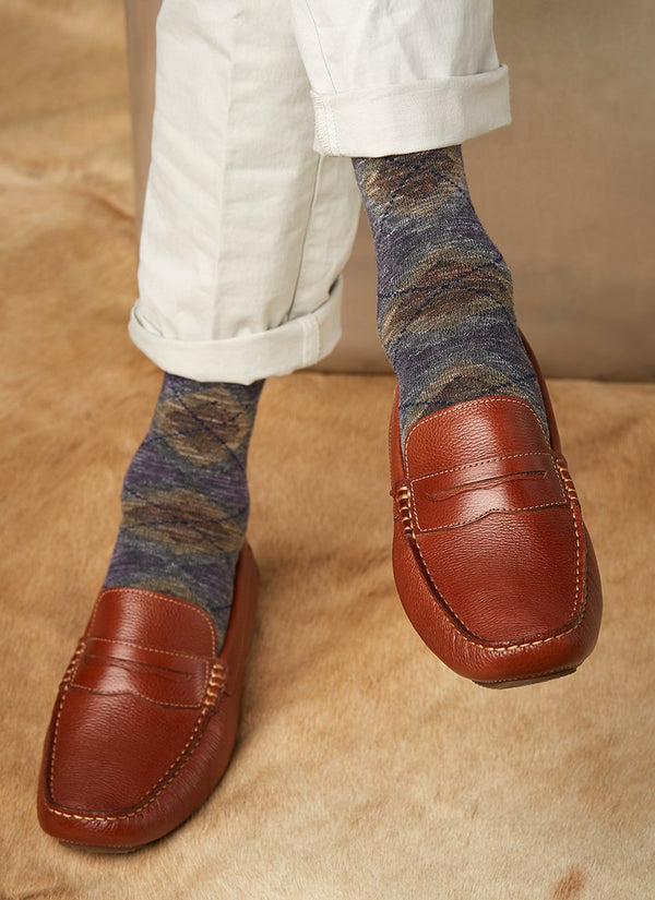Pigmento Argyle Sock in Purple with Brown Loafers