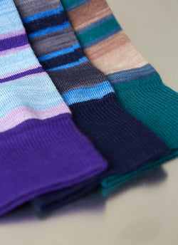 Grouping of Space Dye Band Stripe Sock in Green, Space Dye Band Stripe Sock in Navy, Space Dye Band Stripe Sock in Purple