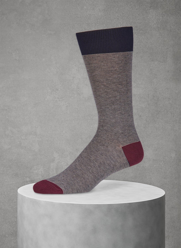 thin cashmere stripe sock in navy blue with burgundy heel toe