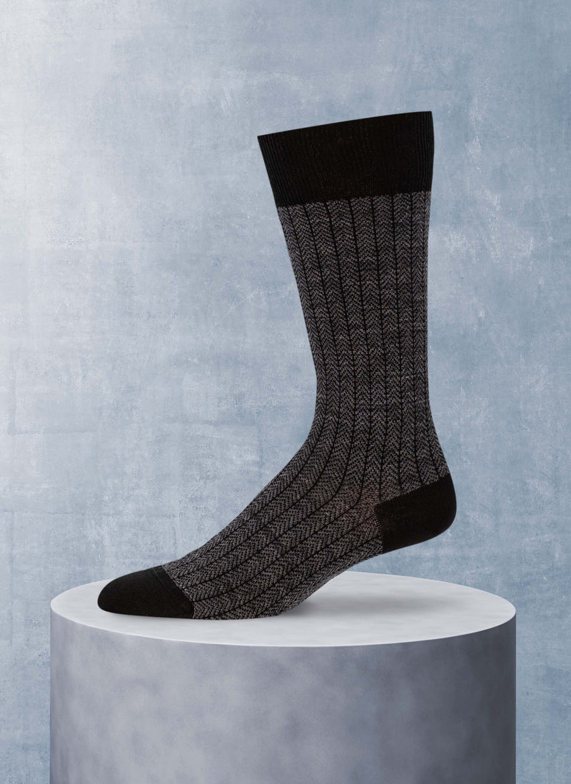 Merino Wool Herringbone Sock in Black and Grey