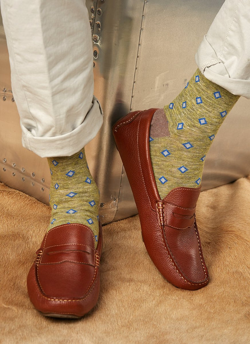 Mélange Diamonds Sock in Pistachio Green on Brown Loafers