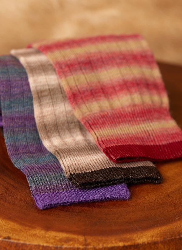 Group image of rolled Merino Wool Rugby Spacedye Sock in Taupe, Purple and Red