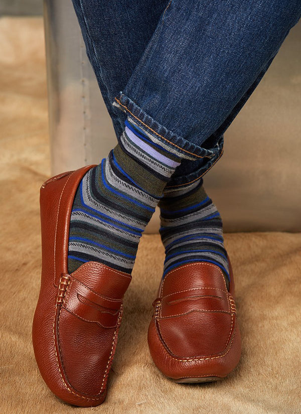 Merino Dashed Stripe Sock in Navy on leather loafers