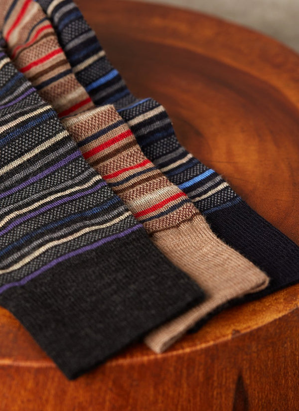 Group image of Merino Wool Oxford Stripe Sock in Taupe, Purple and Navy