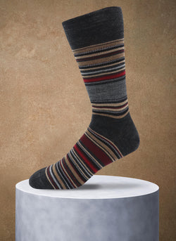 Merino Wool Stripe Sock in Charcoal and Red