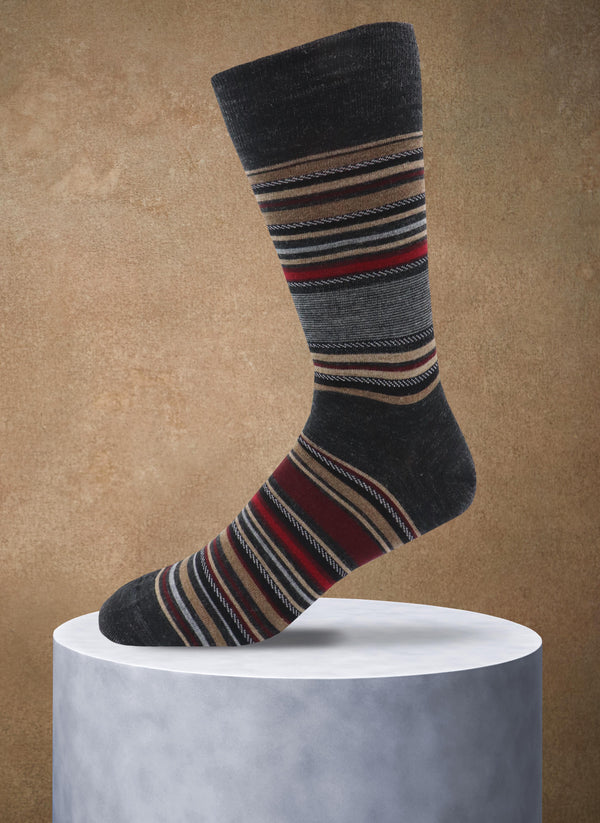 Merino Wool Stripe Sock in Charcoal and Red
