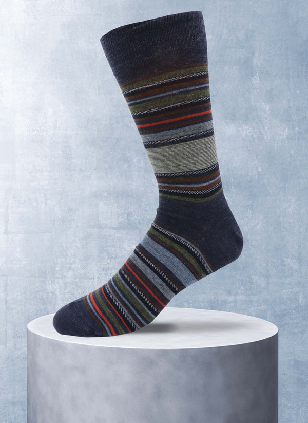 Merino Wool Thin Stripe Sock in Navy and Orange