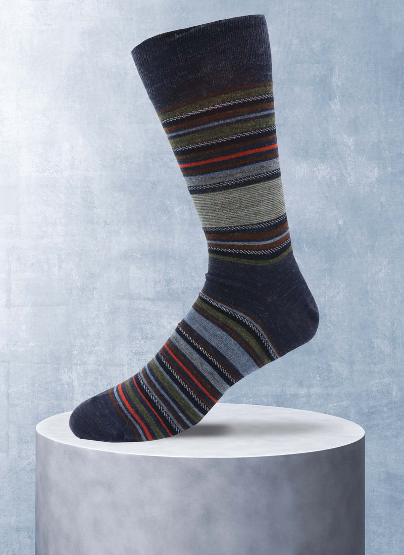 Merino Wool Thin Stripe Sock in Navy and Orange