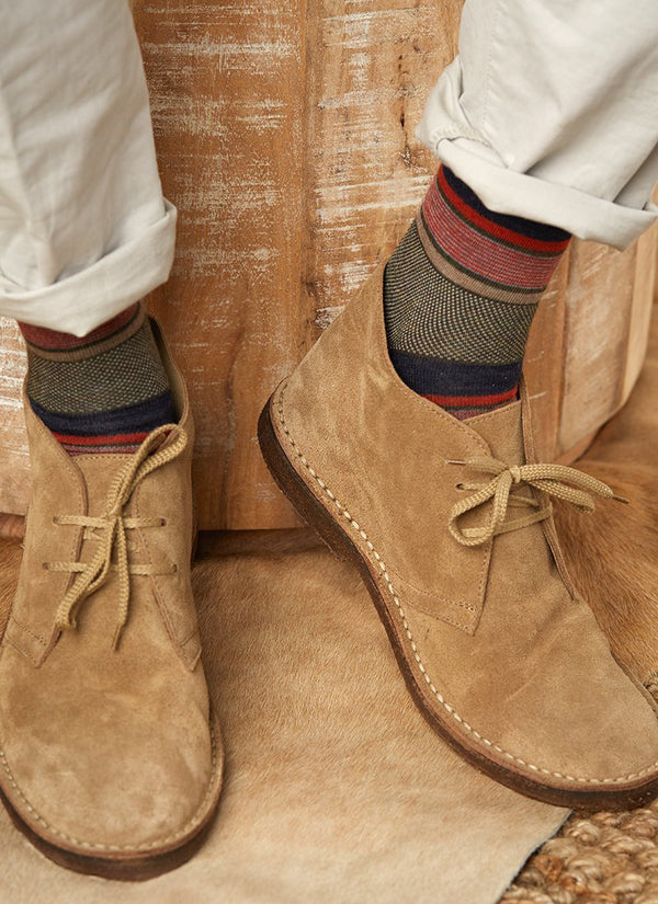 Merino Wool Oxford Mille Stripe Sock in Olive on suede boots