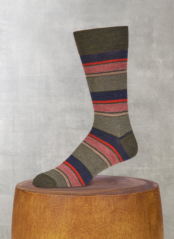 Merino Wool Oxford Mille Stripe Sock in Olive