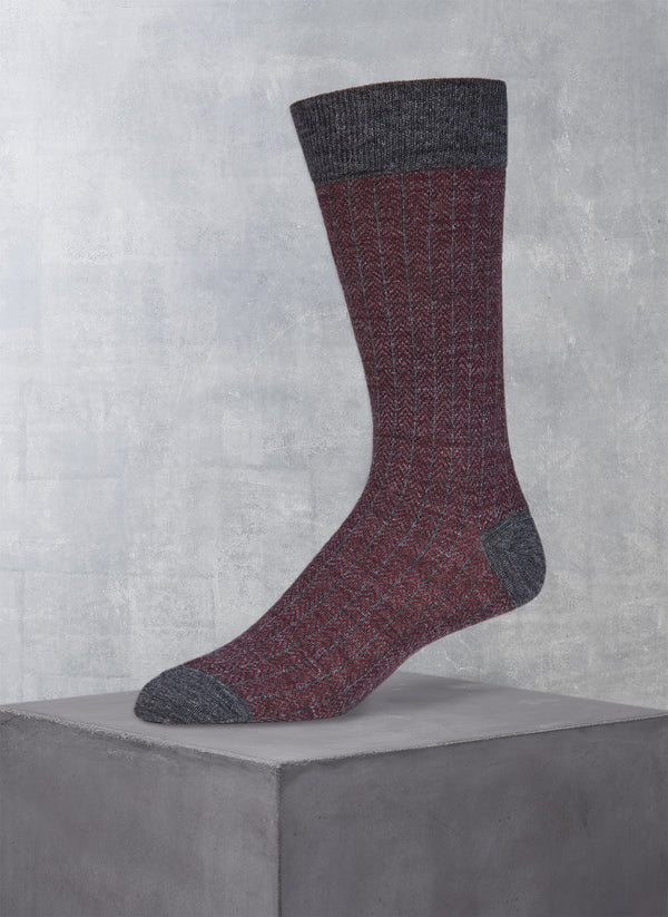 Merino Wool Herringbone Sock in Heather Burgundy Grey
