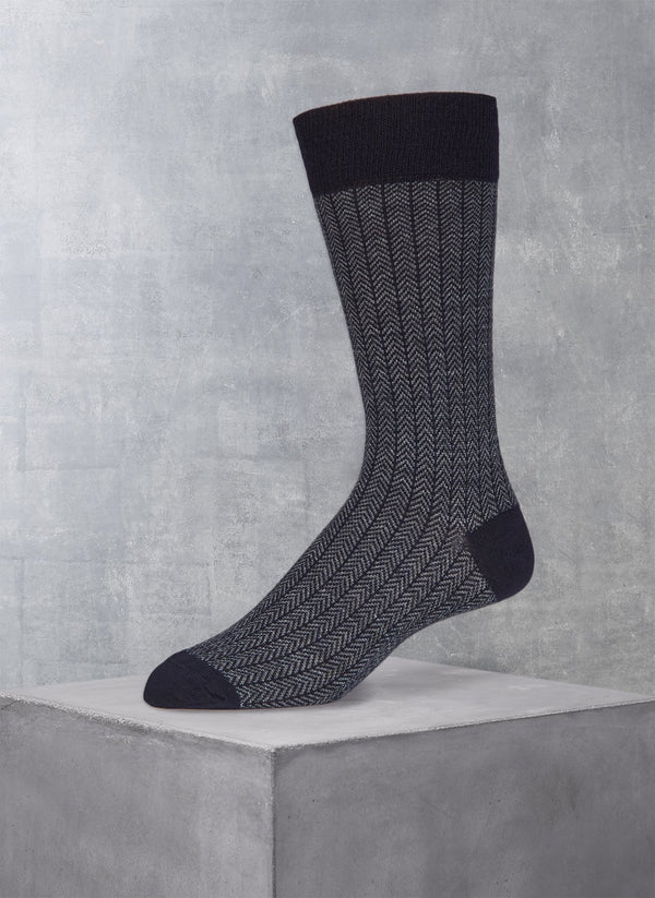Merino Wool Herringbone Sock in Navy
