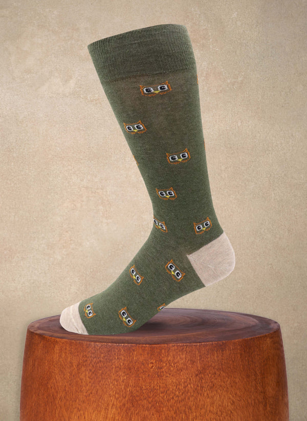 Owls Sock in Olive with taupe heel and toe