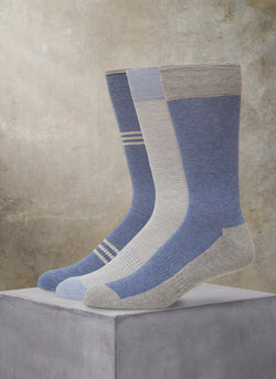 3-Pack Organic Cotton Fashion Mid-Calf Sport Socks in Blue and Light Grey