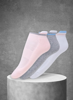 3-Pack Women's Coolmax® Ankle Sport Socks with Cuff Stripes in Pink/Grey/White