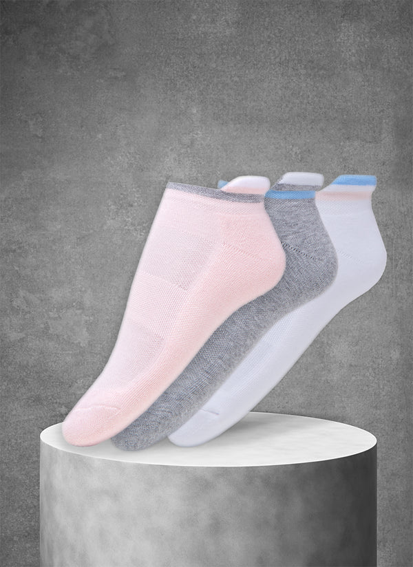 3-Pack Women's Coolmax® Ankle Sport Socks with Cuff Stripes in Pink/Grey/White
