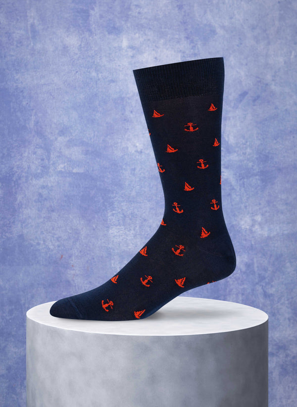 Sailboats and Anchor Cotton Sock in Navy