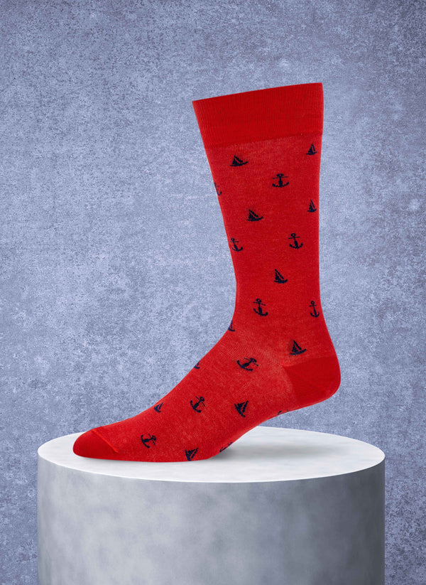 Sailboats and Anchor Cotton Sock in Red