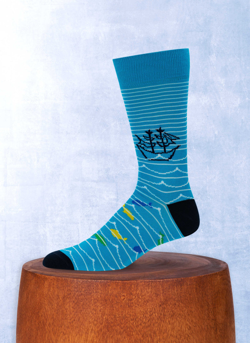 Sailboats With Waves Cotton Sock in Teal