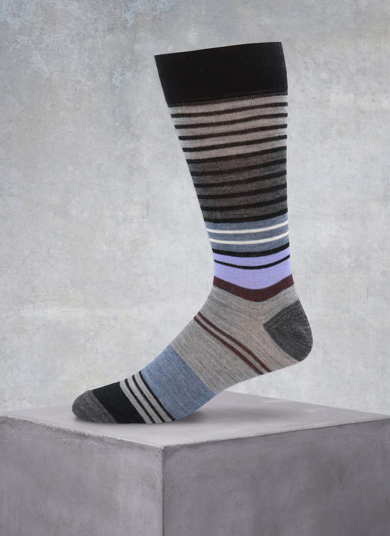 Merino Wool Thin Multi Stripe Sock in Black