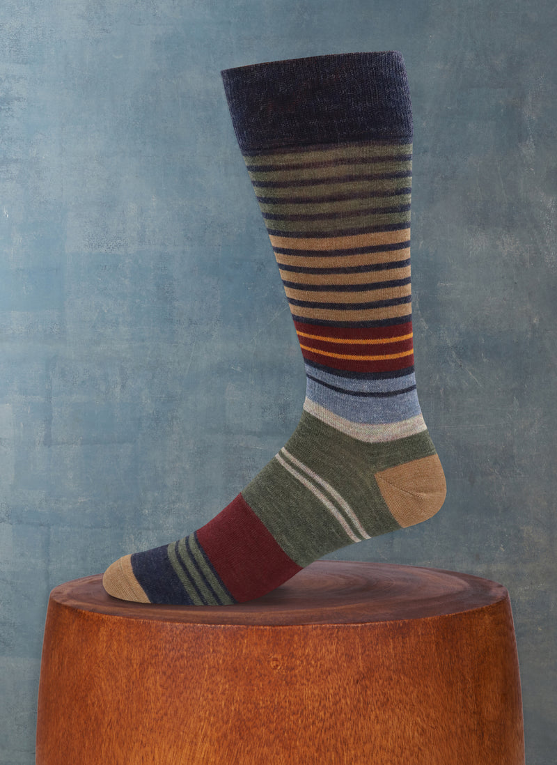 Merino Wool Thin Multi Stripe Sock in Denim