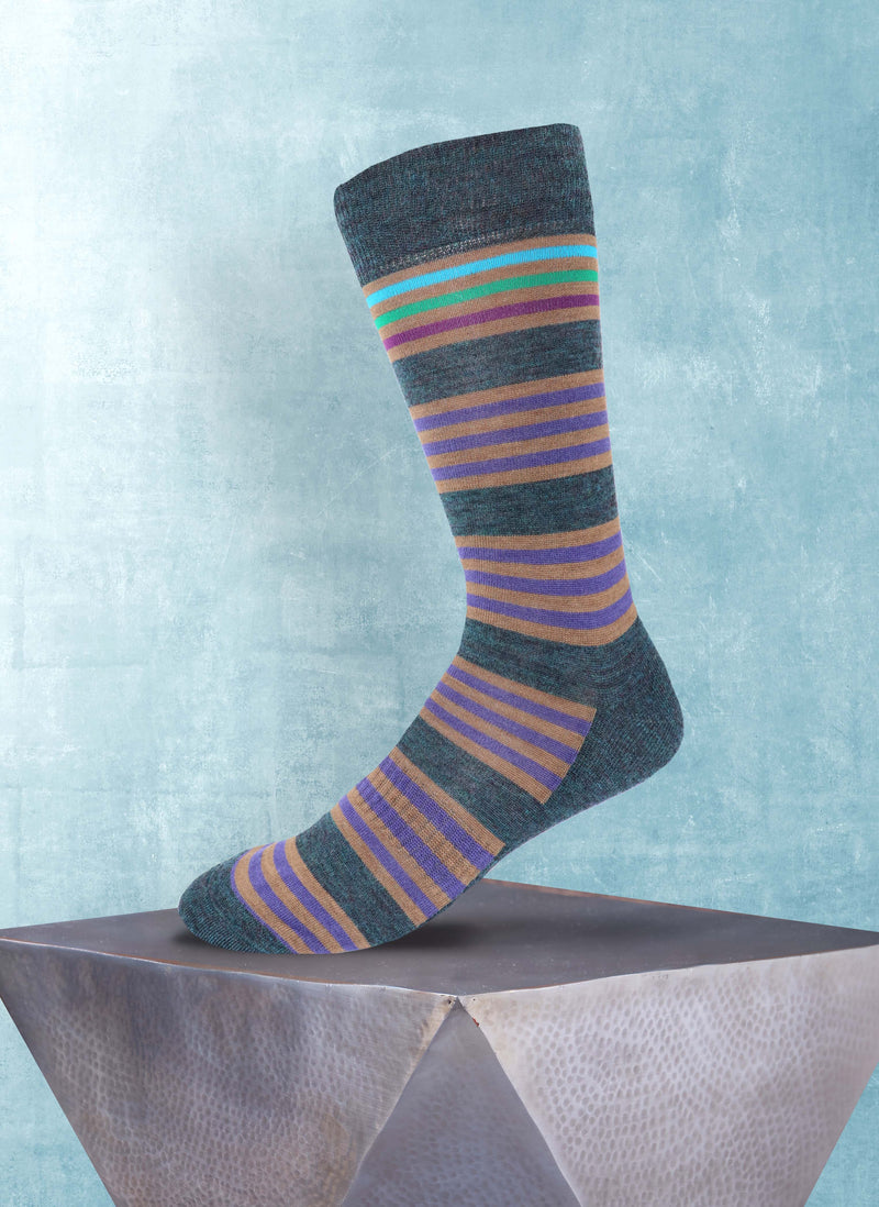 Merino Wool Multi Stripe Cushion Foot Sock in Teal