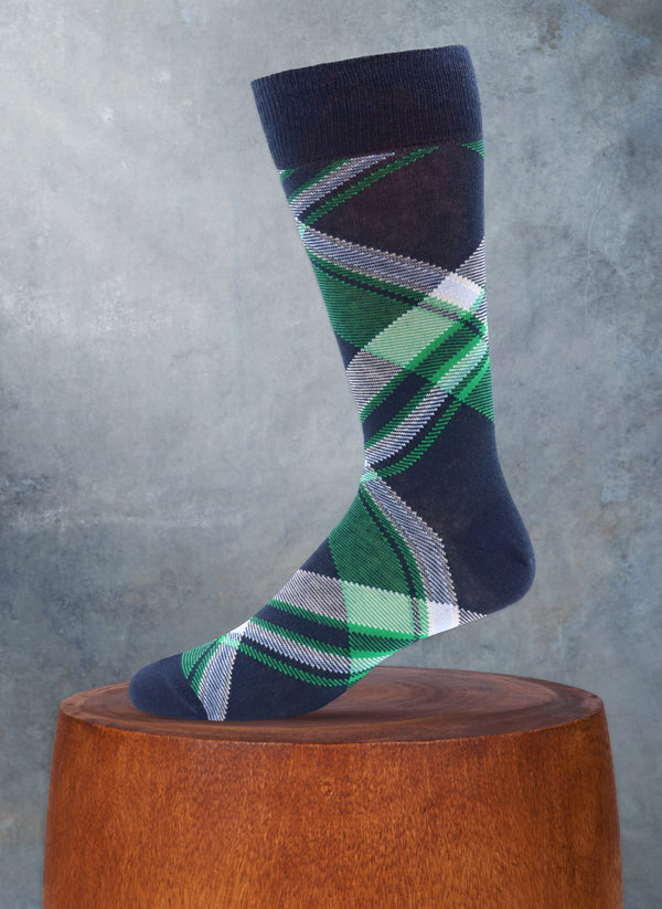 Diagonal Plaid Sock in Navy and Green