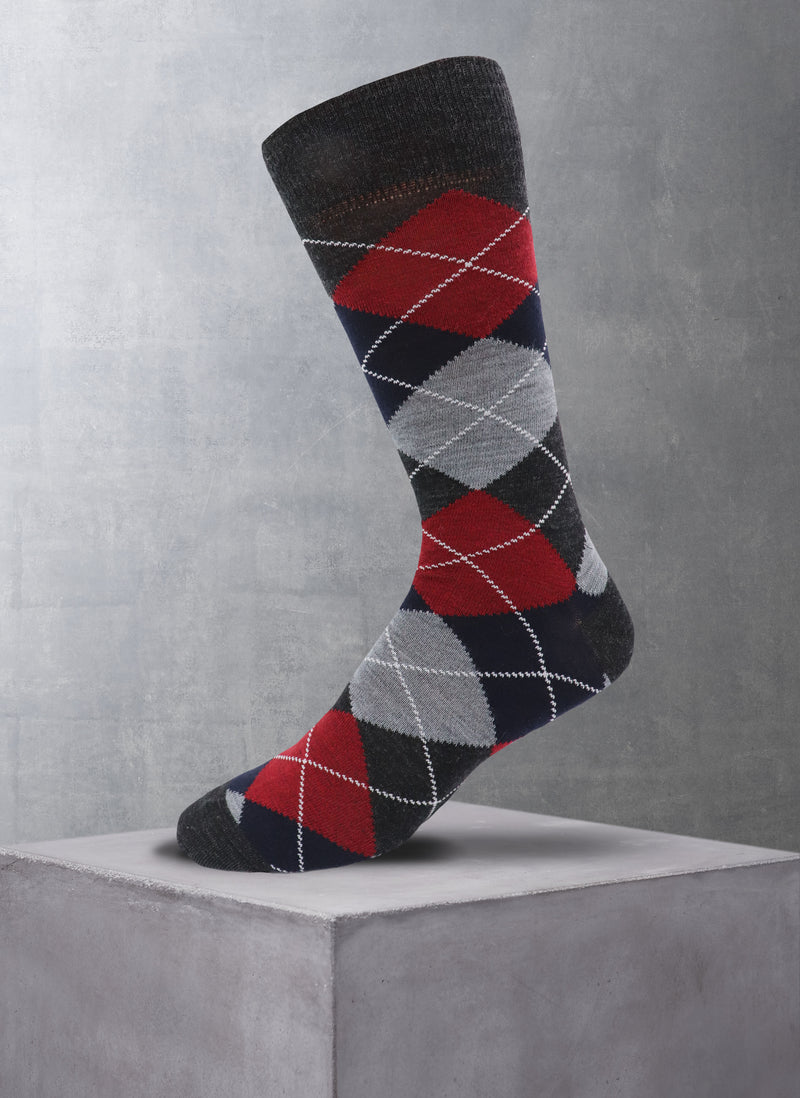 Merino Wool Argyle Sock in Red and Light Grey